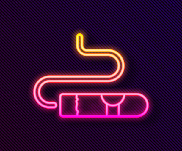 发光的霓虹线雪茄图标孤立的黑色背景。向量图片下载