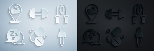 设置维生素丸，跳绳，困，移液管与油，哑铃和健美肌肉图标。向量图片下载