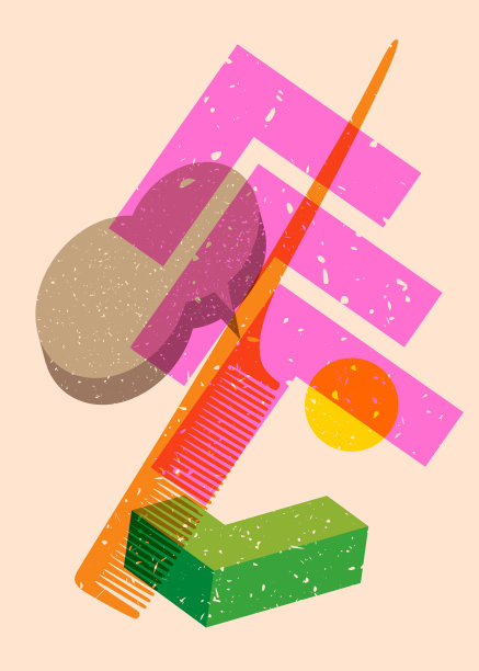 Risograph梳与语音气泡与几何形状。物体以时尚的riso图形打印纹理风格设计与几何元素。图片下载