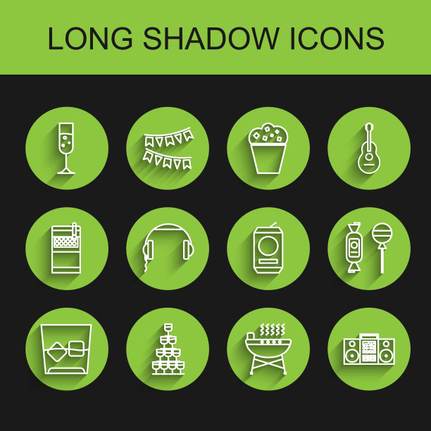 设置线玻璃杯威士忌和冰块，酒杯堆叠在金字塔塔，香槟，烧烤架，家庭立体声与两个扬声器，耳机，棒棒糖和啤酒罐图标。向量图片下载