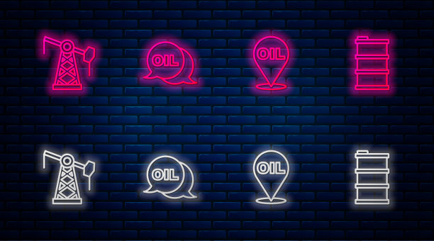 设置油管、加油位置、油泵、油泵千斤顶及油桶。砖墙上发光的霓虹灯图标。向量图片下载