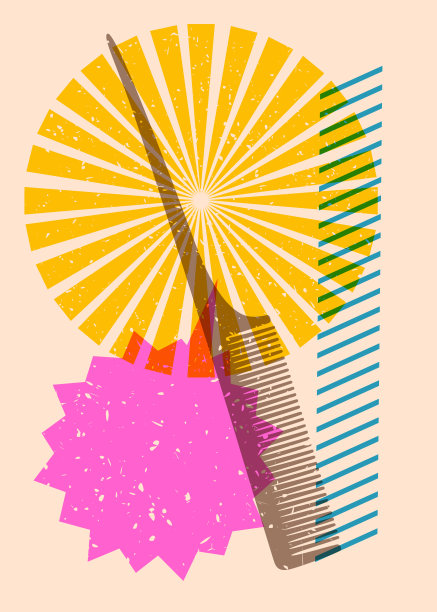 Risograph梳与语音气泡与几何形状。物体以时尚的riso图形打印纹理风格设计与几何元素。图片下载