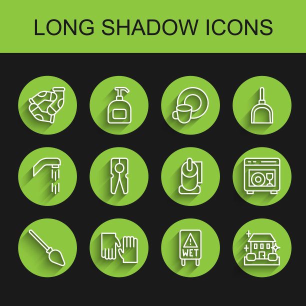 集线处理扫帚，橡胶手套，袜子，湿地板，家庭清洁服务，衣服别针，洗碗机和卫生纸卷图标。向量图片下载