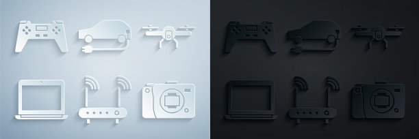 设置路由器和wi-fi信号，无人机飞行，笔记本电脑，无反光镜相机，电动汽车和手柄图标。向量图片下载