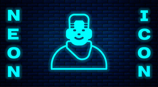 发光的霓虹灯客户端在理发店图标孤立的砖墙背景。向量图片下载