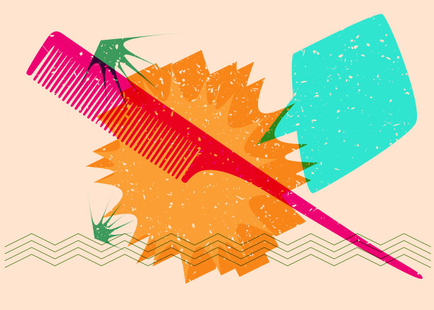 Risograph梳与语音气泡与几何形状。物体以时尚的riso图形打印纹理风格设计与几何元素。图片下载