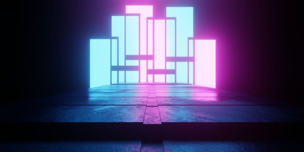 三维渲染飞船走廊霓虹灯发光紫色蓝色背景暗。朋克的概念。广告、讲台、展厅、科技、未来、现代、电子竞技、游戏场景。科幻插画图片下载