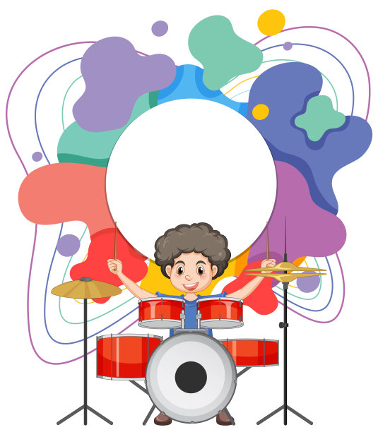 卡通男孩与鼓和充满活力的背景。图片下载