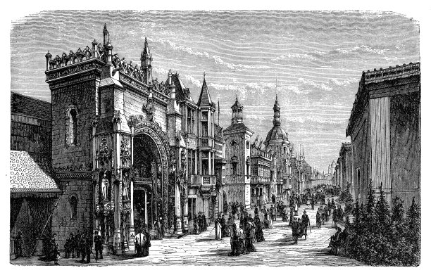 万国街的一排门面。1876年费城世界博览会图片下载