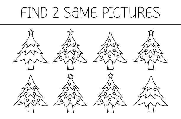 找到两张相同的图片是一个教育游戏的孩子与圣诞树。圣诞树涂色书。图片下载