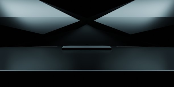 黑色宇宙飞船走廊走廊的3d渲染深色展厅背景。场景为广告、科技、高科技、未来、现代、体育、游戏、商业。科幻插画。产品显示图片下载