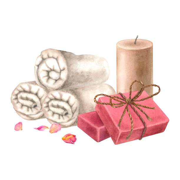卷毛巾，蜡烛，天然肥皂和干玫瑰花瓣。手绘水彩插图孤立的背景。浴室、桑拿的水疗用品。用于疗养胜地、水疗中心的宣传册设计图片下载