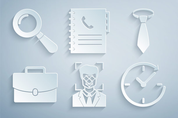 设置人脸识别，领带，公文包，时钟与箭头，电话簿和放大镜图标。向量图片下载