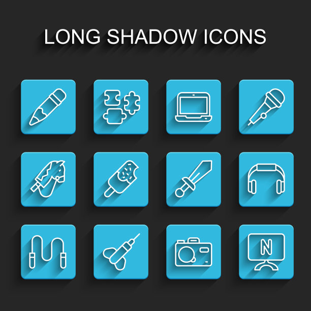 设置线跳绳，镖箭，铅笔与橡皮擦，照相机，智能电视，冰淇淋，耳机和剑玩具图标。向量图片下载