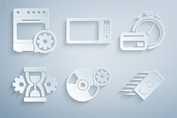 设置CD或DVD磁盘设置，快速付款，沙漏，，微波炉和烤箱图标。向量图片下载