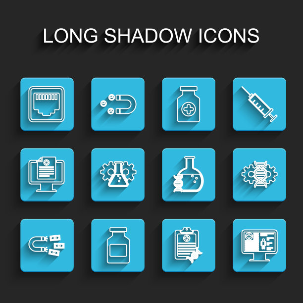 套线磁铁带钱，药瓶，网络接口电缆插座，剪贴板DNA分析，临床记录监视器，生物工程，基因编辑和研究，搜索图标。向量图片下载