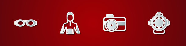 套装眼镜游泳，潜水潜水，照片相机潜水员和aququalung图标。向量图片下载