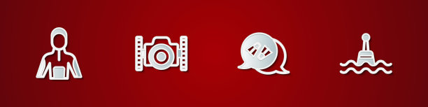 集潜水服水肺潜水，照片相机潜水员，鳍游泳和浮动浮标图标。向量图片下载