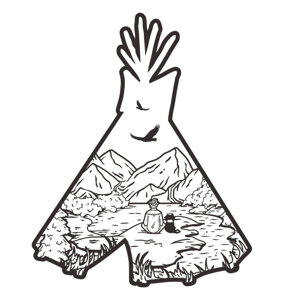 黑白线条艺术露营山地景观轮廓，唤起大自然的宁静与美丽以及户外探险的乐趣图片下载