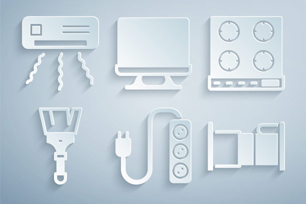 设置电动延长，煤气炉，油漆刷，床，智能电视和空调图标。向量图片下载