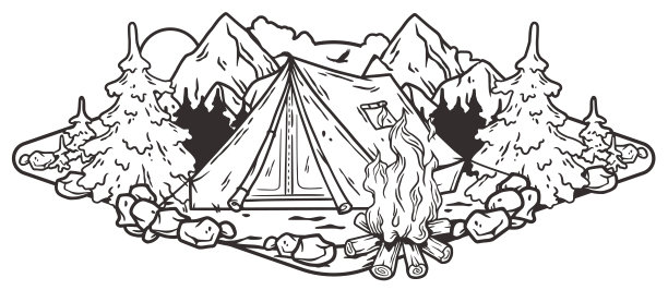 黑白线艺术插图描绘了一个风景优美的露营设置与帐篷，营火，和周围的荒野在一个山地景观户外冒险的主题图片下载