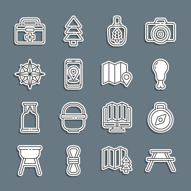 设置线野餐桌与长椅，指南针，鸡腿，水壶，城市地图导航，风玫瑰，急救箱和森林图标的位置。向量图片下载