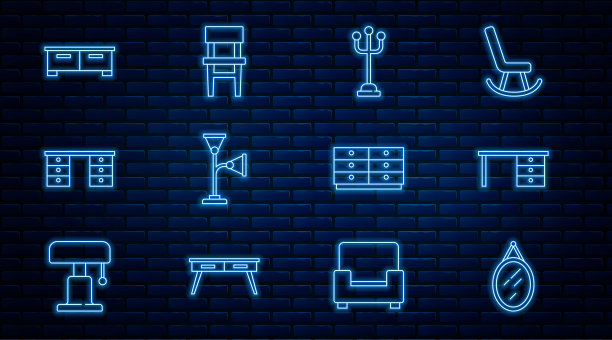 集线镜子，办公桌，大衣架，落地灯，抽屉柜，和椅子图标。向量图片下载