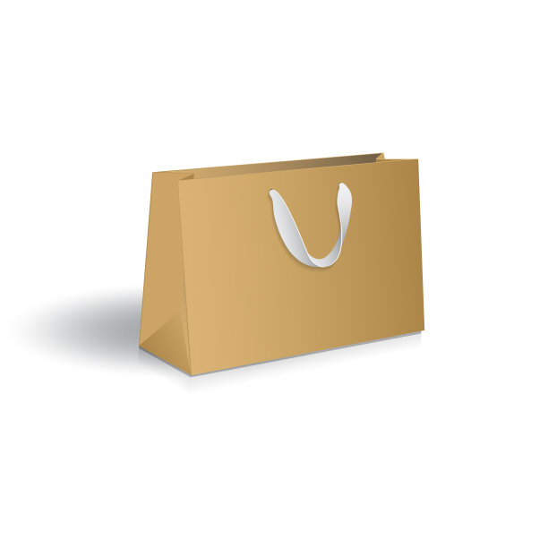 纸质购物袋模型。空白棕色牛皮纸购物袋，礼品袋与白色丝带处理模拟模板。孤立在白色背景上。准备用于品牌设计。矢量插图。图片下载