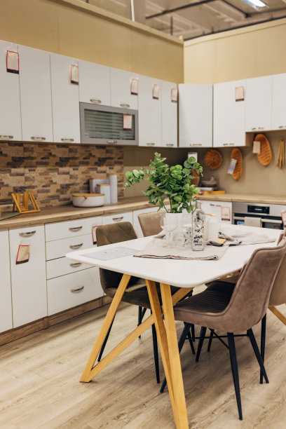 一个现代的外观设计的厨房在家具店，复制空间图片下载