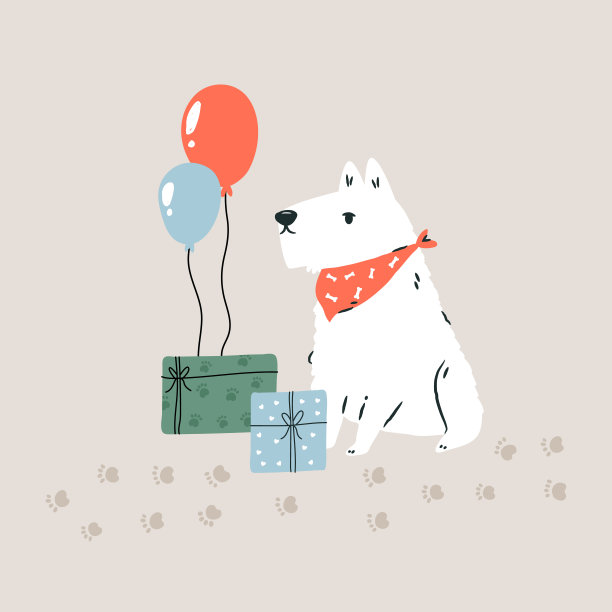 一只快乐的狗戴着派对帽，周围是气球和礼物。图片下载