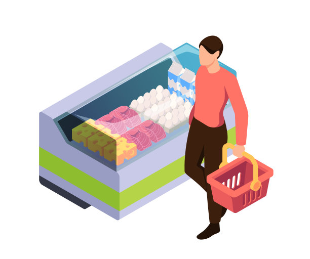 人在一个装满食物的冰箱前购物，等距矢量插图在一个普通的背景上，描绘杂货店购物。图片下载