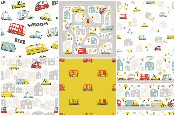 道路和汽车。用于婴儿纺织品、织物或包装的一整套图案。矢量无缝背景与简单的手绘涂鸦插图可爱的卡通斯堪的纳维亚风格图片下载
