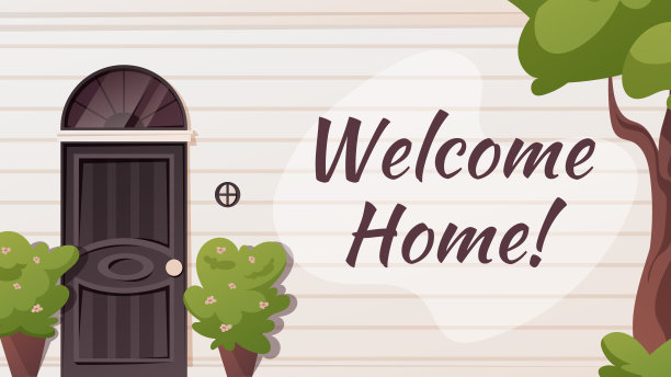 建筑的立面是经典风格，有入口门和壁板。矢量水平横幅与铭文欢迎回家图片下载