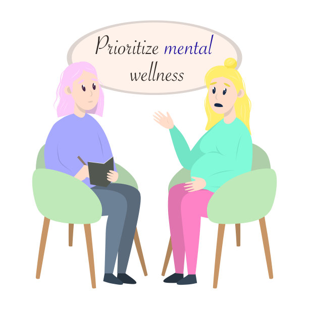 明信片心理治疗课程-孕妇坐在椅子上与心理学家交谈。心理健康的概念，矢量插图在平面风格图片下载