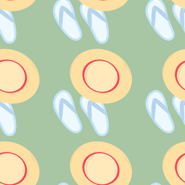 无缝图案搭配拖鞋和沙滩帽卡通夏日元素，旅游、沙滩、夏日配饰。鸡尾酒，冰淇淋和异国情调的水果矢量插图集。手掌和农用板。雨伞和太阳镜图片下载