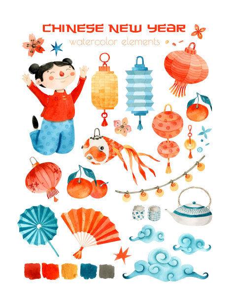 春节庆祝水彩画元素集图片下载