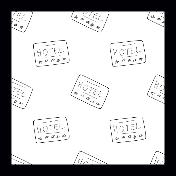 涂鸦无缝图案与标志酒店与五星级评级。矢量隔离背景与轮廓黑色轮廓对象。旅行和度假的概念模板的衣服，包装纸图片下载