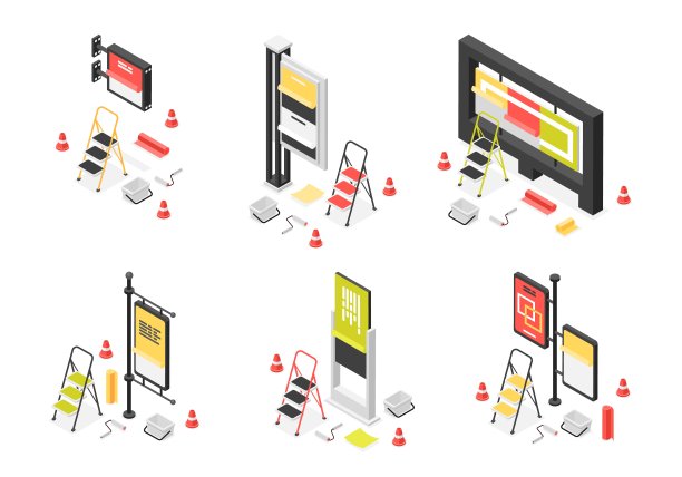 等距街道广告牌。户外广告牌和显示与信息标语牌。梯子，滚筒和纸张，城市营销完美的矢量场景图片下载
