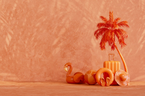 夏季海滩度假旅游背景与棕榈树阴影在橙色的背景图片下载