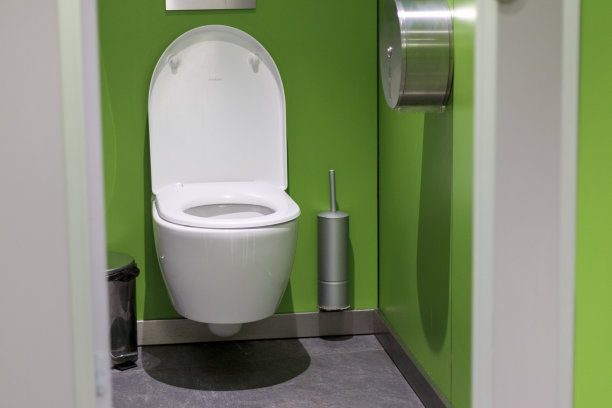 .马桶和厕纸，绿色瓷砖墙图片下载