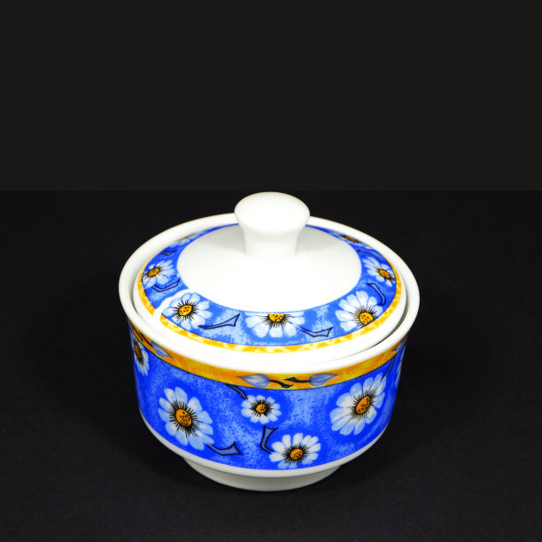 黑色背景上的经典花卉图案陶瓷罐特写图片下载