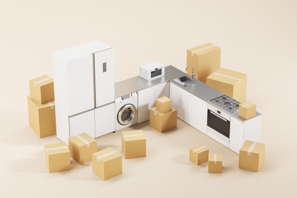 家用厨房电器和纸箱的俯视图，搬迁图片下载