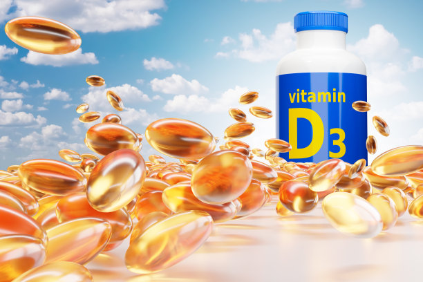 D3维生素群：背景天空上的黄色药丸，带有D3标志的包装，用于对抗体内维生素缺乏症的片剂，具有生物活性的物质，用于疾病预防的D3维生素，3D图像图片下载