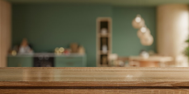 木质桌面模糊厨房背景，现代现代绿色厨房室内- 3D渲染图片下载