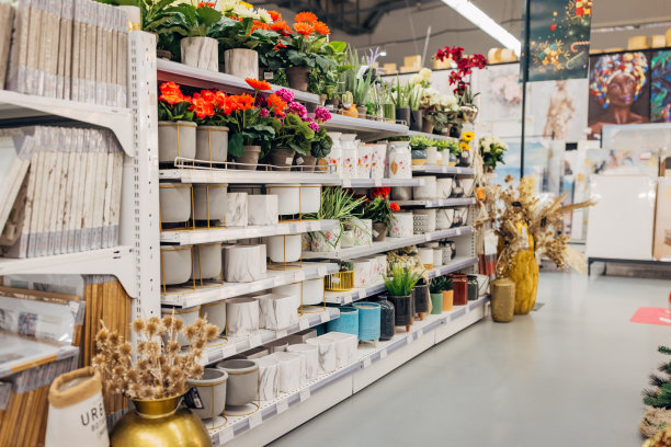百货公司的架子上陈列着花盆和花瓶图片下载