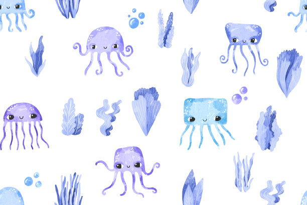 蓝色水母的无缝图案。海底世界，珊瑚和珊瑚礁，海洋动物。儿童背景。适用于纺织品、包装纸、儿童房图片下载