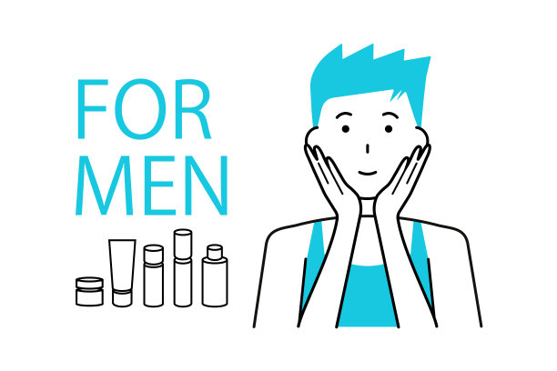 年轻女子在做护肤品和化妆品，瓶子上写着FOR MEN字样图片下载