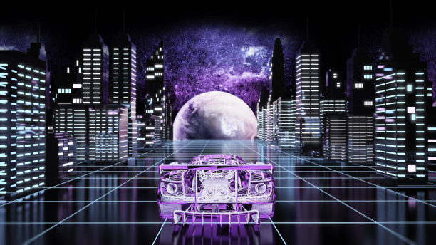 一辆虚拟跑车沿着超现实的城市景观行驶，巨大的月亮在摩天大楼之间升起。虚拟世界和网络空间概念图片下载