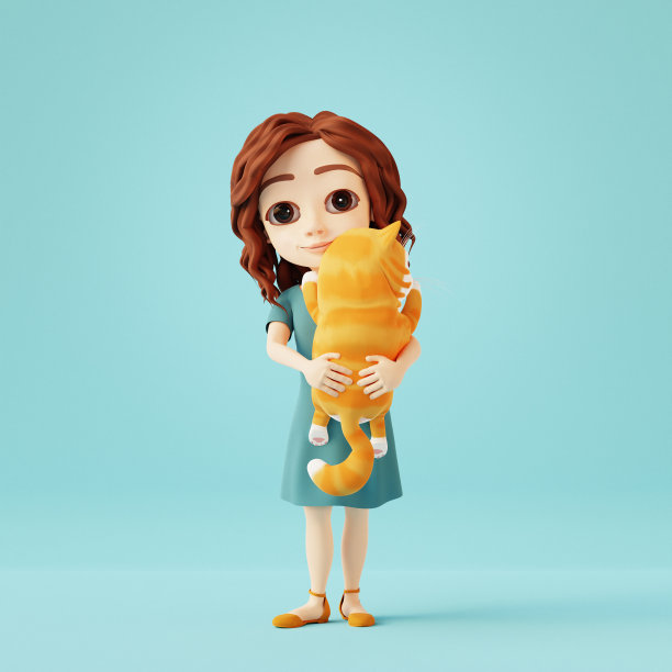 微笑的女孩抱着可爱的宠物小猫。三维卡通人物图片下载