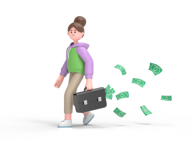 微笑的亚洲女孩Renae的3D插图，手里拿着一个装满钱的公文包，现金飞起来，落在后面。白色背景的3D渲染。图片下载